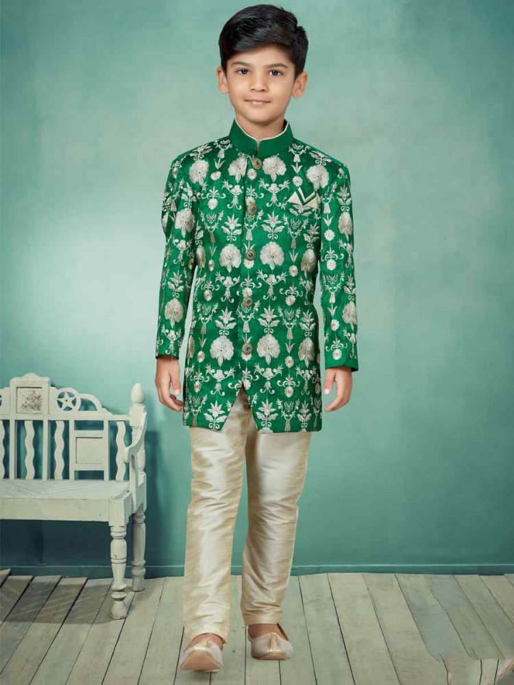 Green Silk Dupion Embroidered Party Festival Kurta Pyjama Boys Wear
