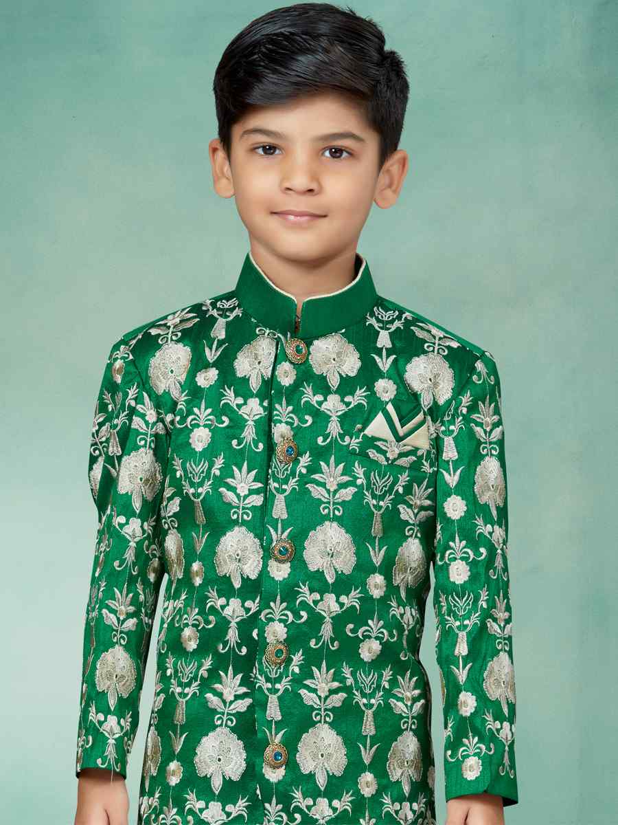 Green Silk Dupion Embroidered Party Festival Kurta Pyjama Boys Wear
