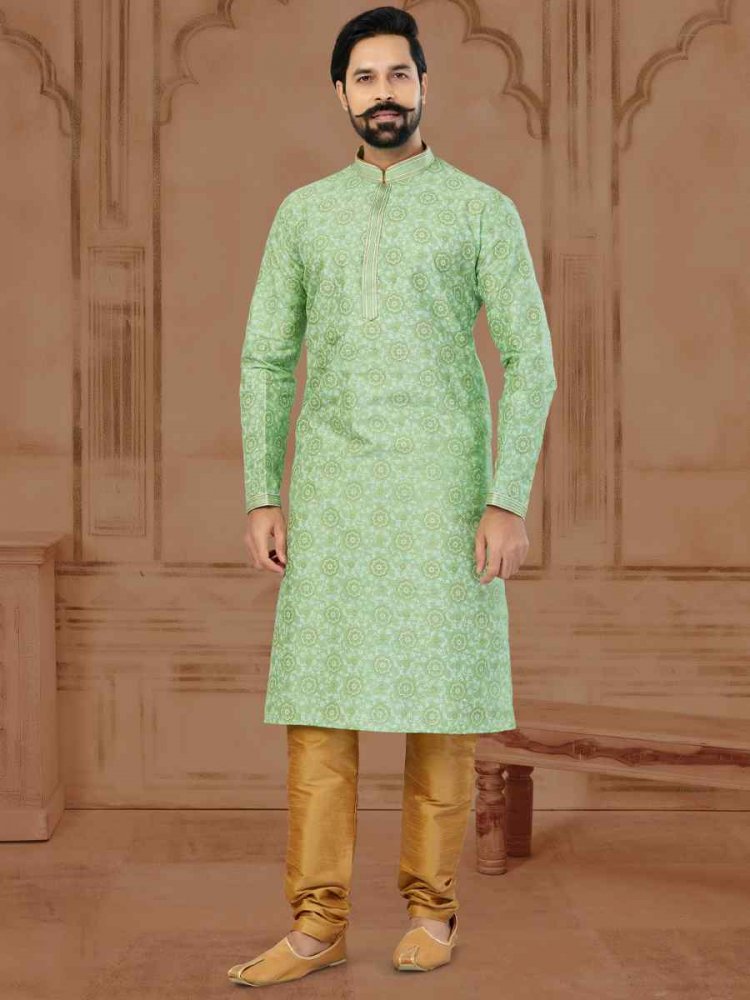 Green Silk Dupion Printed Festival Kurta