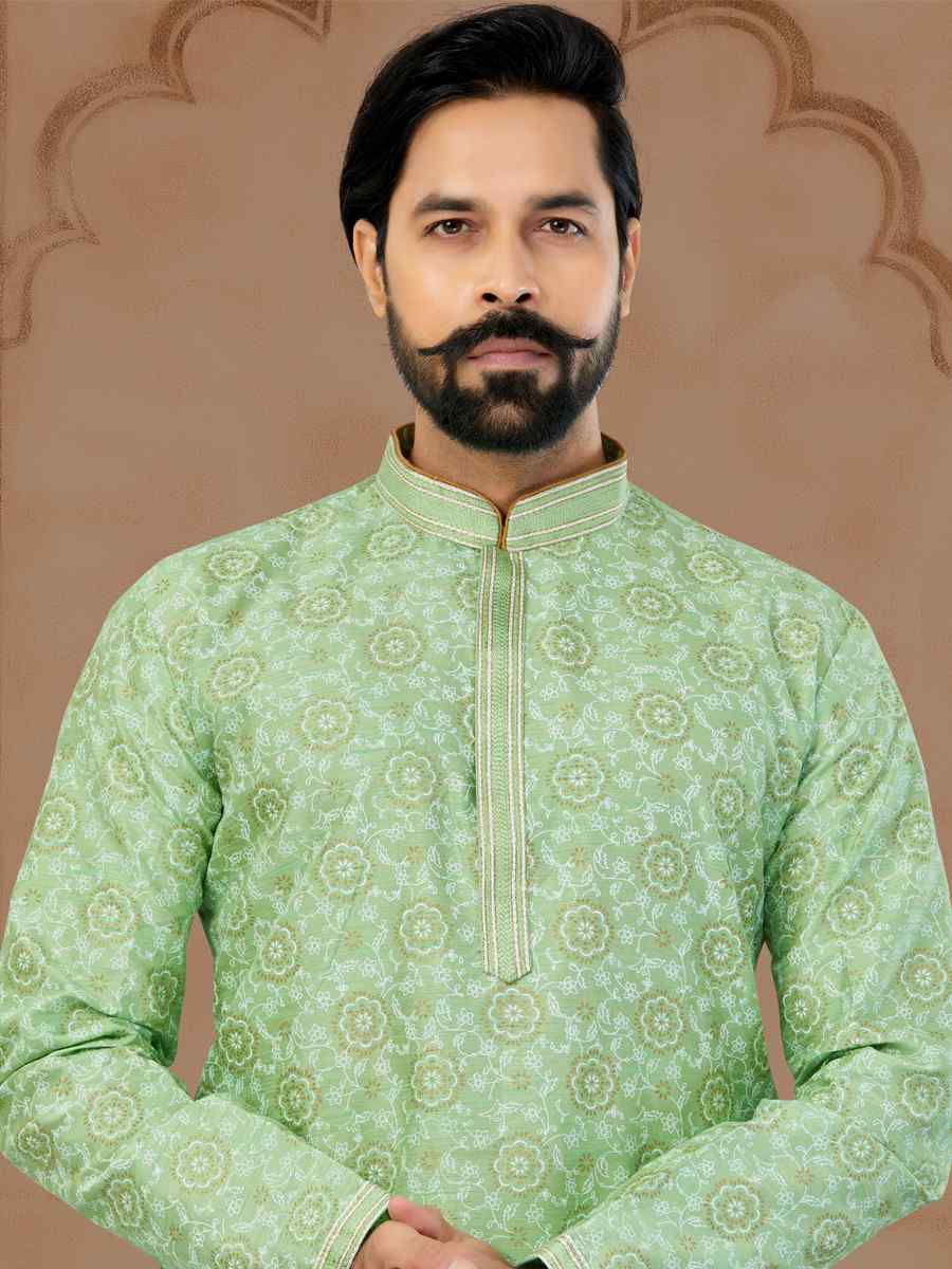 Green Silk Dupion Printed Festival Kurta