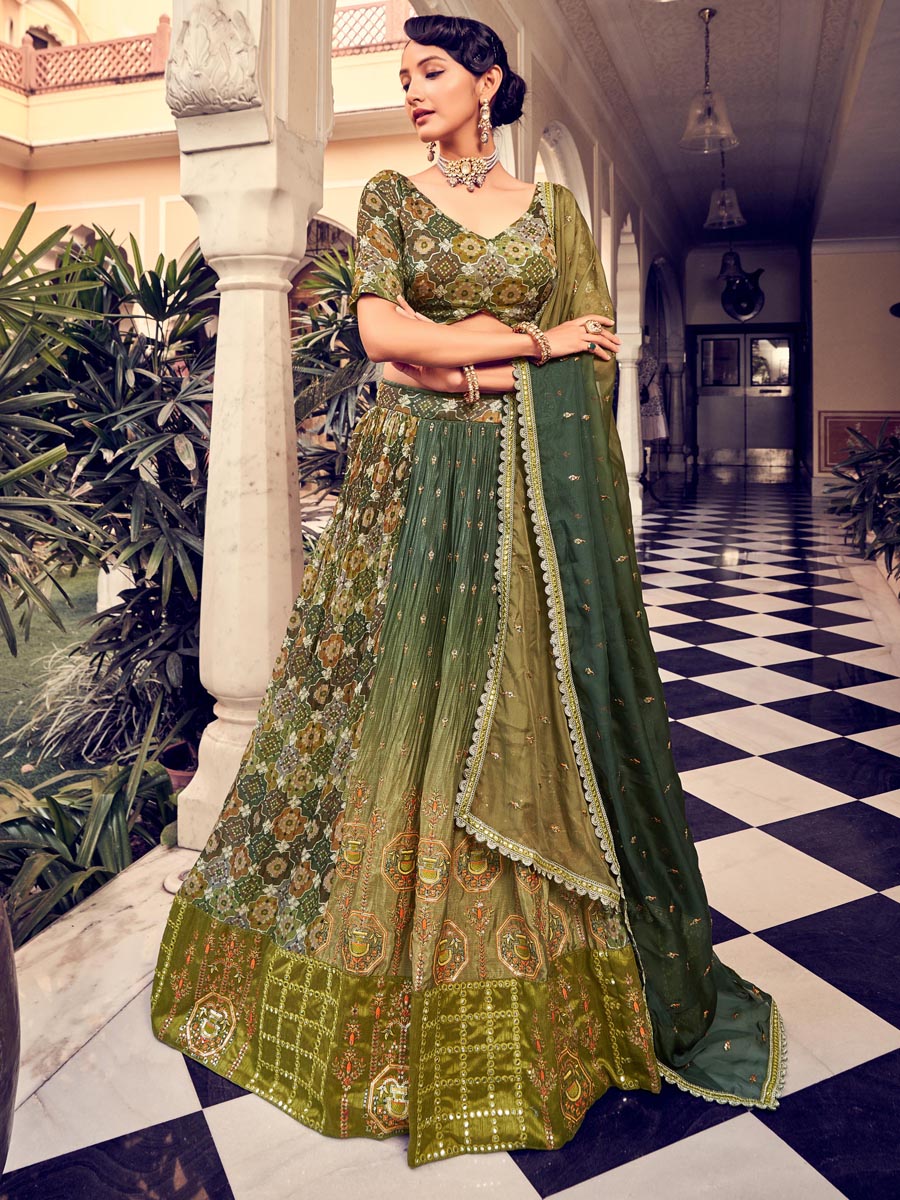 Green Silk Embroidered Bridesmaid Wedding Heavy Border Lehenga Choli