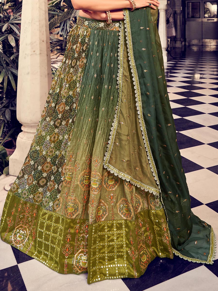 Green Silk Embroidered Bridesmaid Wedding Heavy Border Lehenga Choli