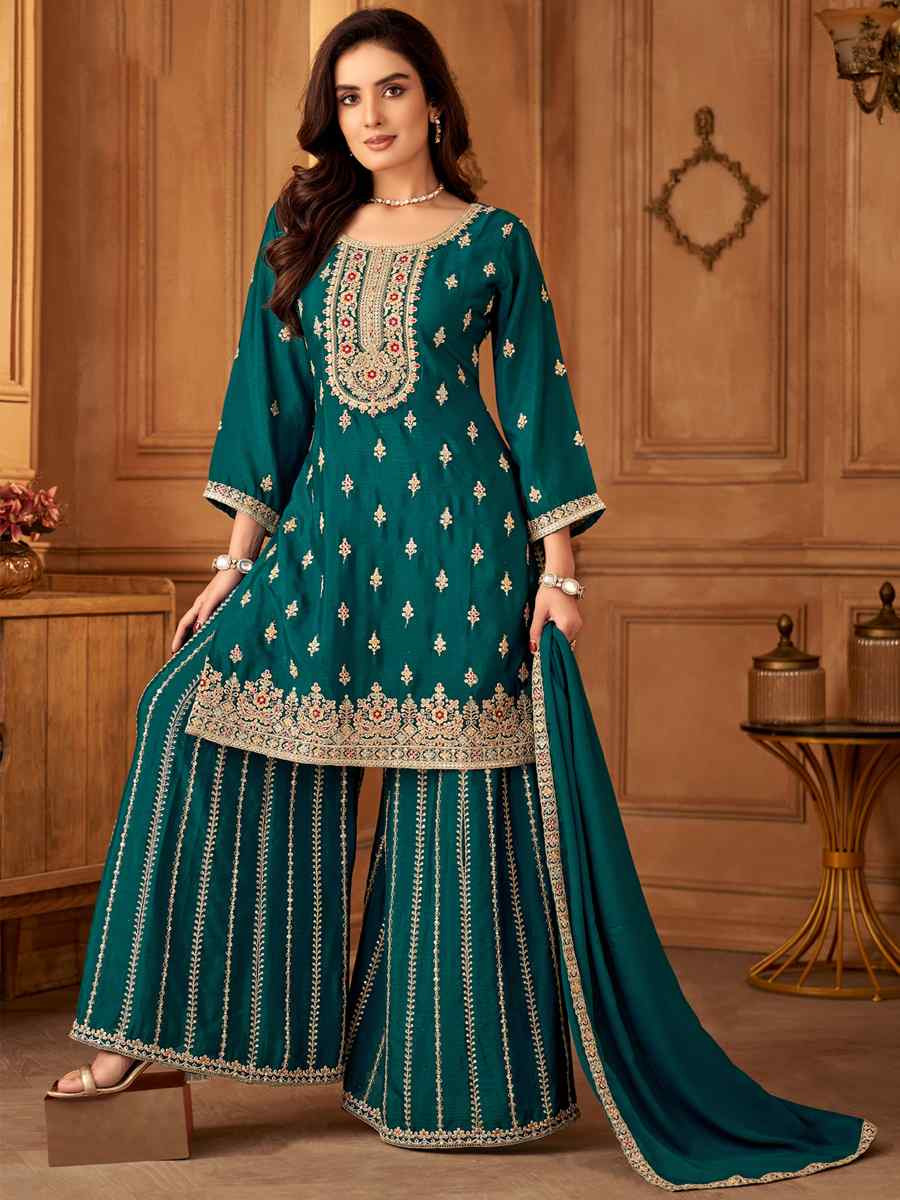 Green Silk Embroidered Festival Casual Ready Palazzo Pant Salwar Kameez