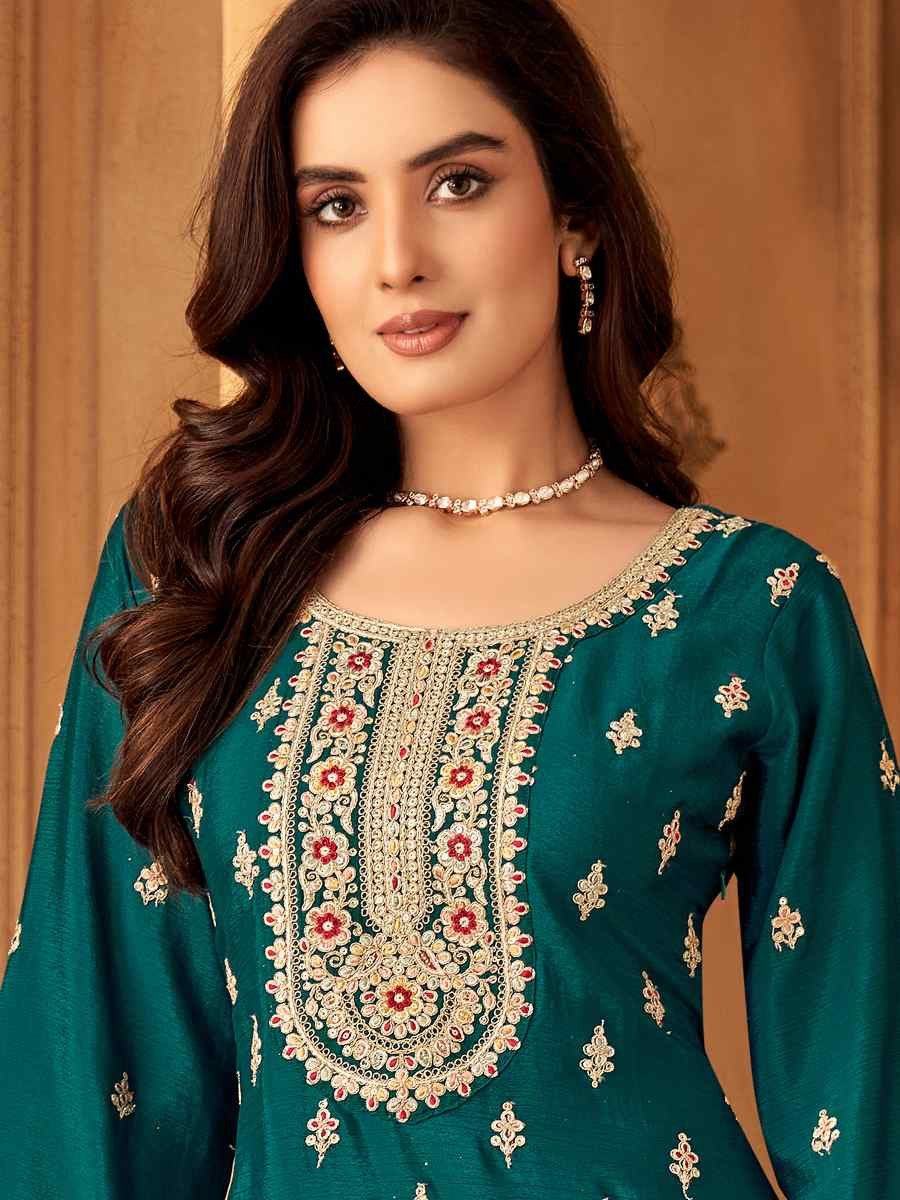 Green Silk Embroidered Festival Casual Ready Palazzo Pant Salwar Kameez