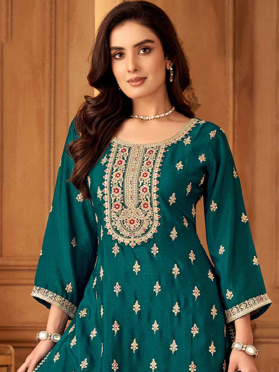 Green Silk Embroidered Festival Casual Ready Palazzo Pant Salwar Kameez