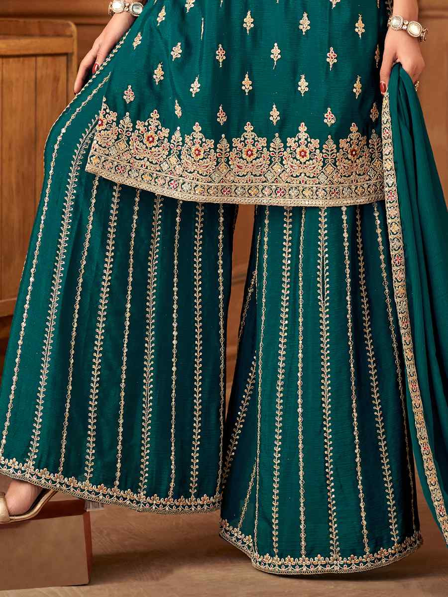 Green Silk Embroidered Festival Casual Ready Palazzo Pant Salwar Kameez
