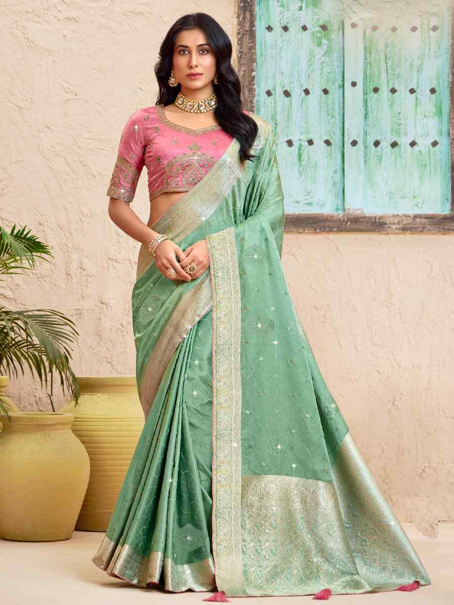 Green Silk Embroidered Festival Wedding Fancy Heavy Border Saree