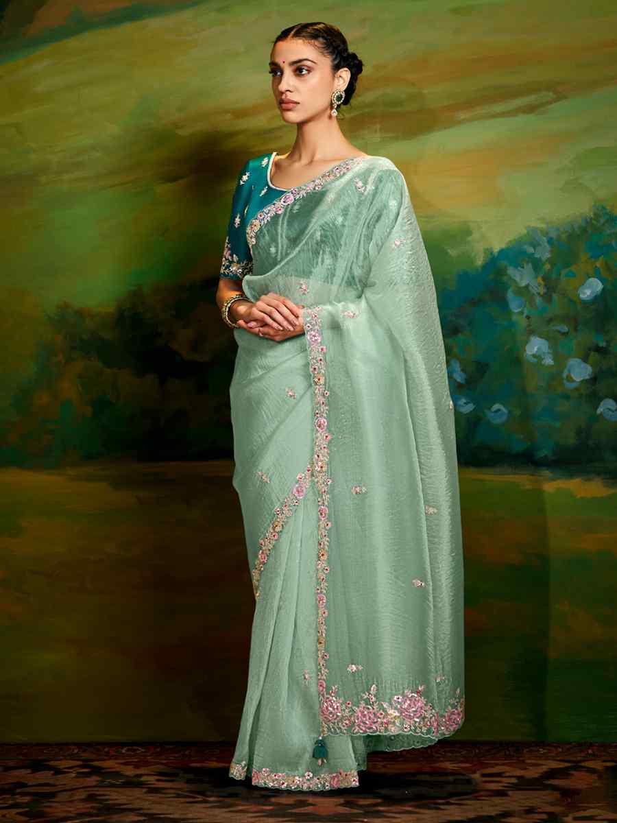 Green Silk Embroidered Festival Wedding Fancy Heavy Border Saree
