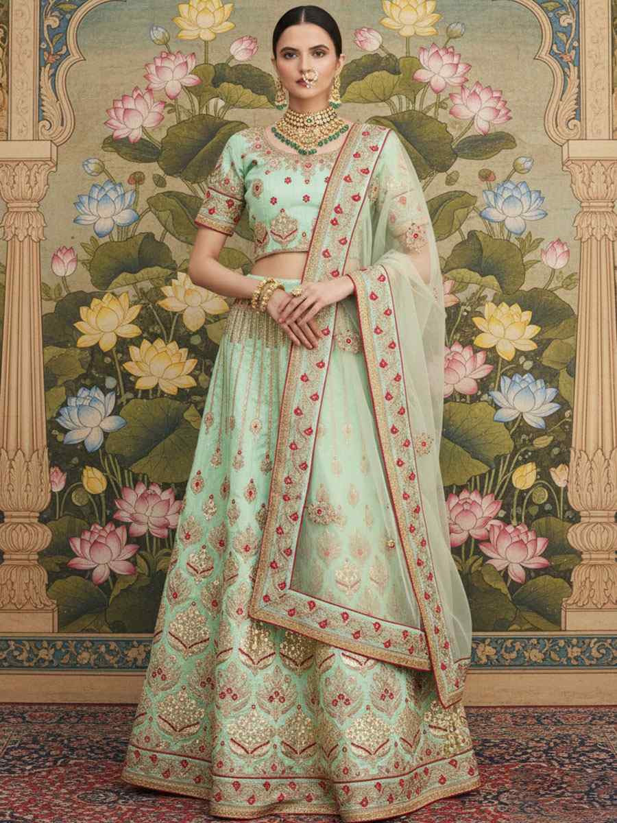 Green Silk Embroidered Wedding Reception Festival Heavy Border Lehenga Choli