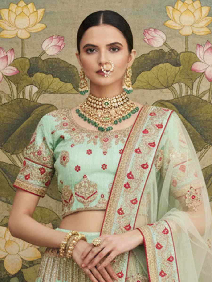 Green Silk Embroidered Wedding Reception Festival Heavy Border Lehenga Choli