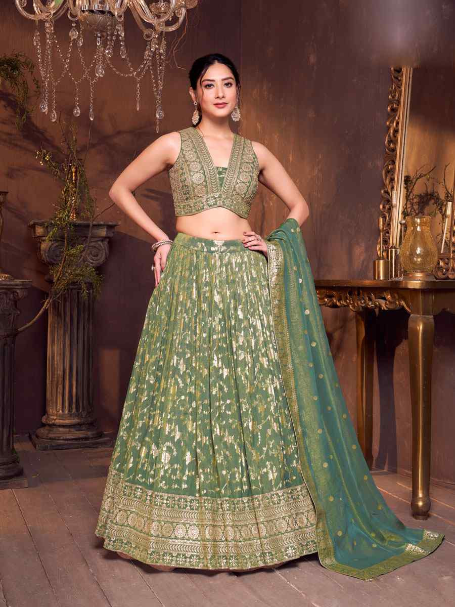 Green Silk Embroidered Wedding Reception Festival Ready Heavy Border Lehenga Choli