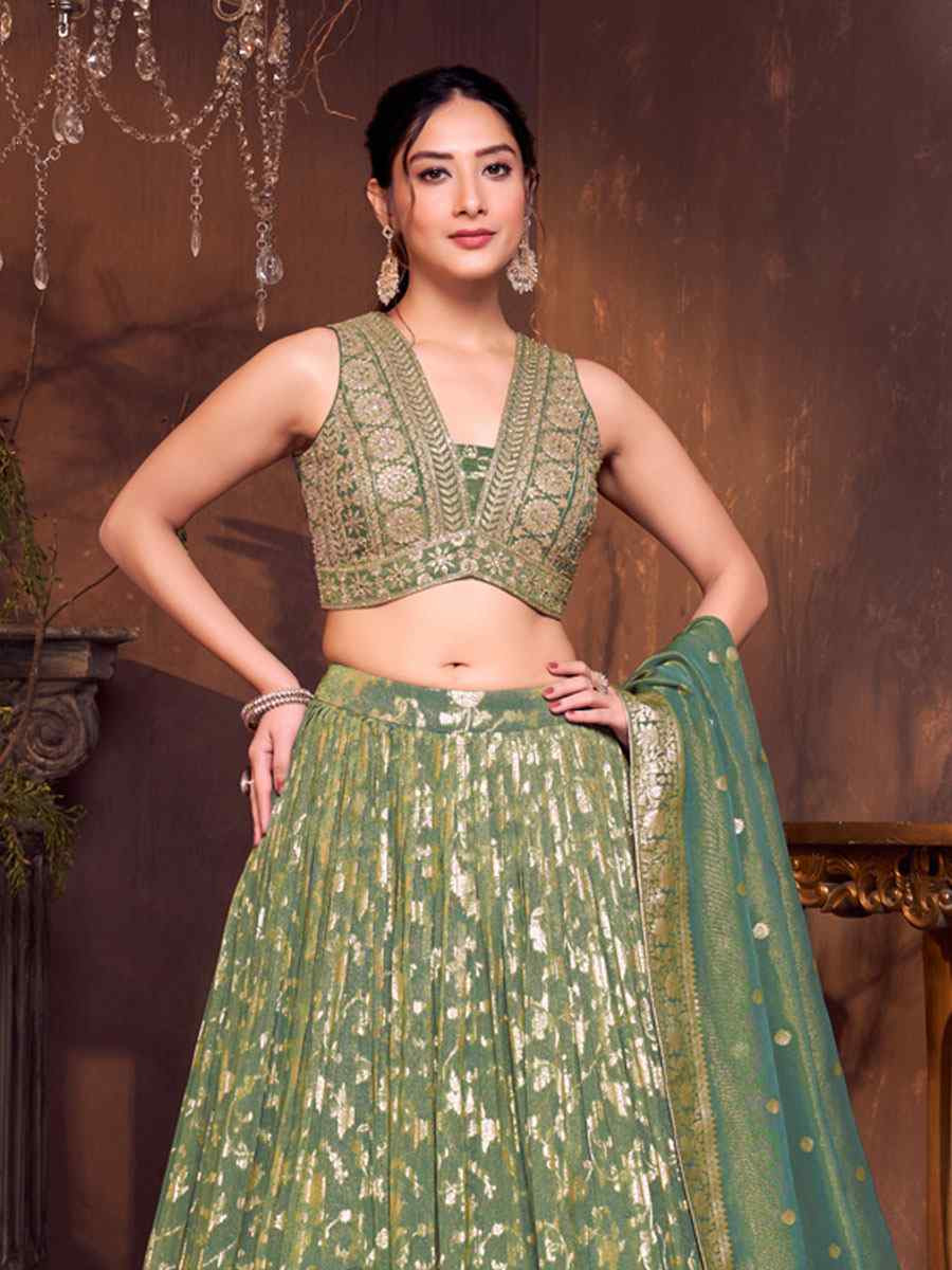 Green Silk Embroidered Wedding Reception Festival Ready Heavy Border Lehenga Choli