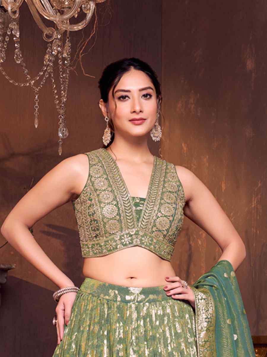 Green Silk Embroidered Wedding Reception Festival Ready Heavy Border Lehenga Choli