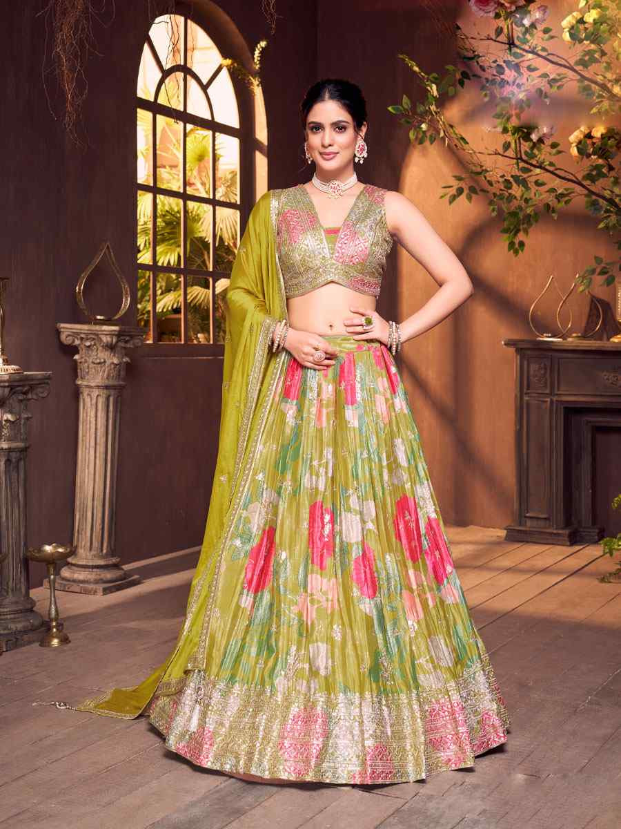 Green Silk Embroidered Wedding Reception Festival Ready Heavy Border Lehenga Choli