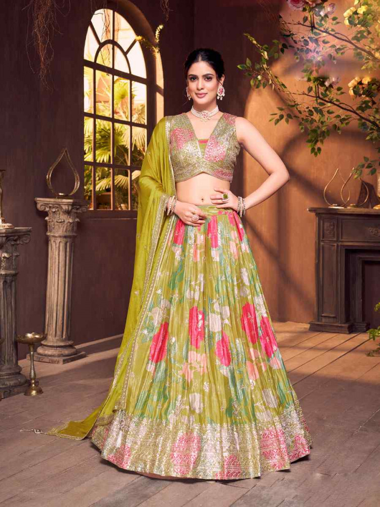 Image of Green Silk Embroidered Wedding Reception Festival Ready Heavy Border Lehenga Choli
