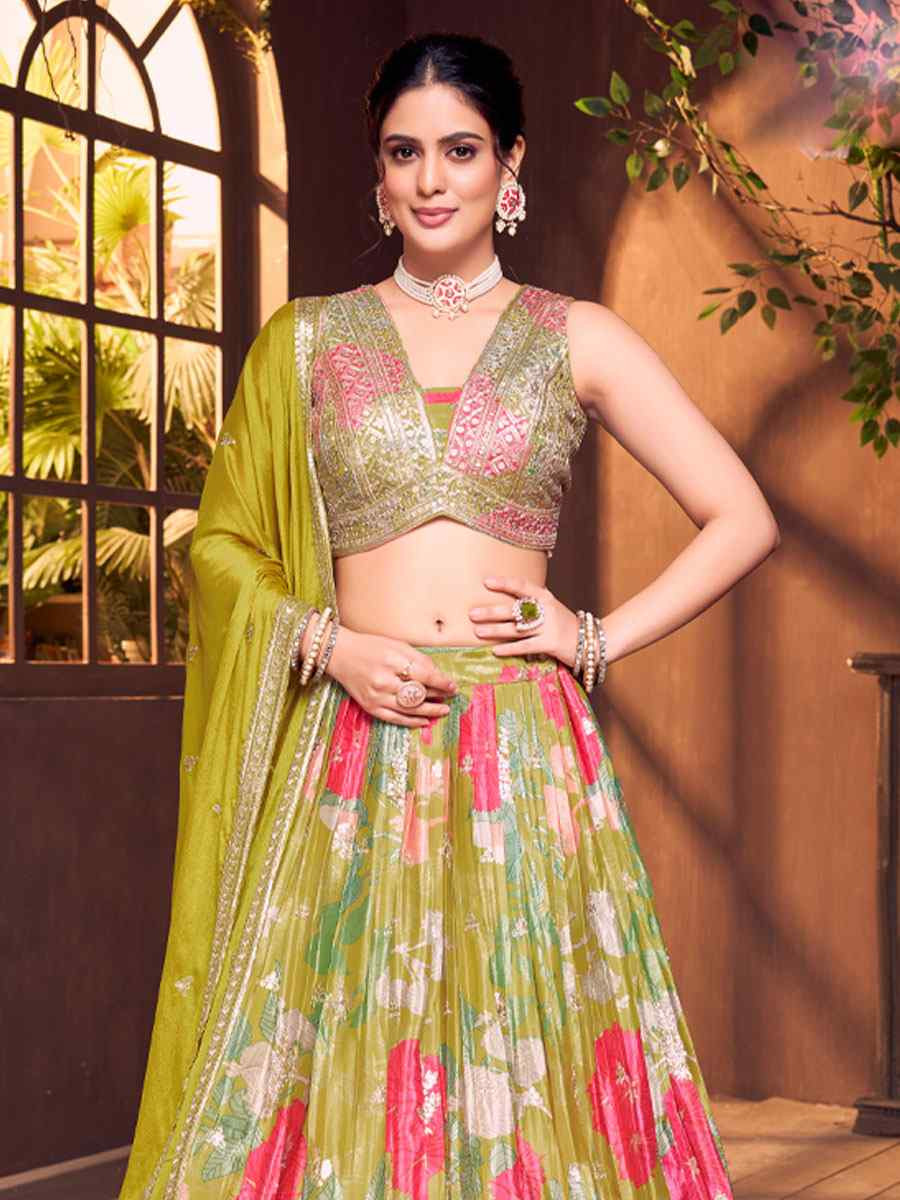 Green Silk Embroidered Wedding Reception Festival Ready Heavy Border Lehenga Choli