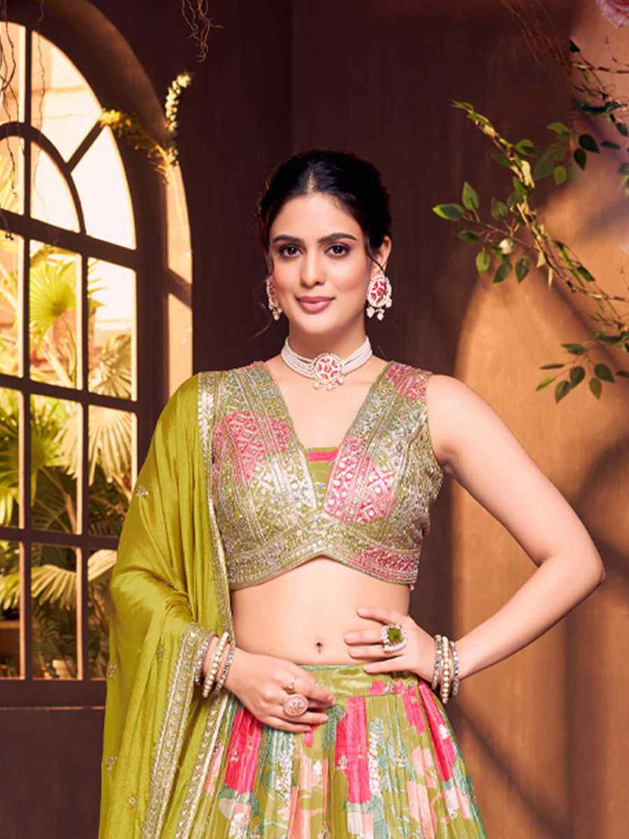Green Silk Embroidered Wedding Reception Festival Ready Heavy Border Lehenga Choli