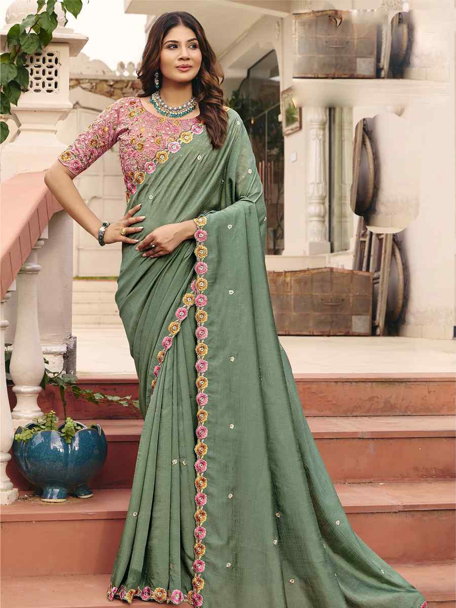 Green Silk Embroidery Bridal Reception Festival Wedding Fancy Heavy Border Saree