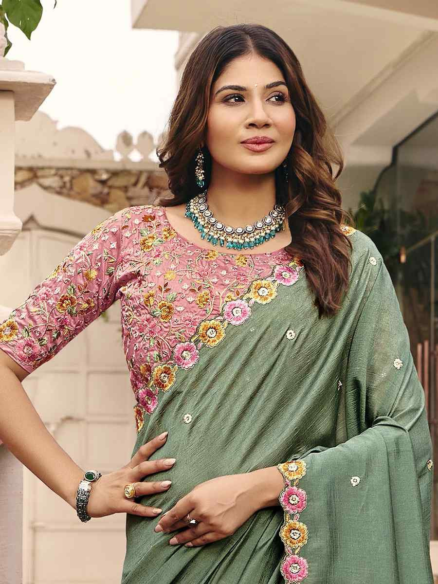 Green Silk Embroidery Bridal Reception Festival Wedding Fancy Heavy Border Saree