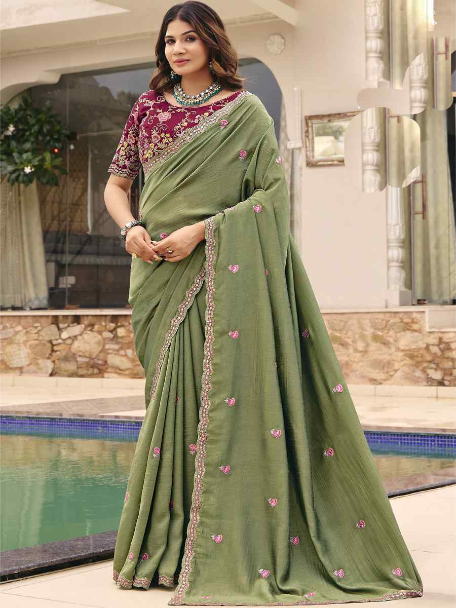 Green Silk Embroidery Bridal Reception Festival Wedding Fancy Heavy Border Saree