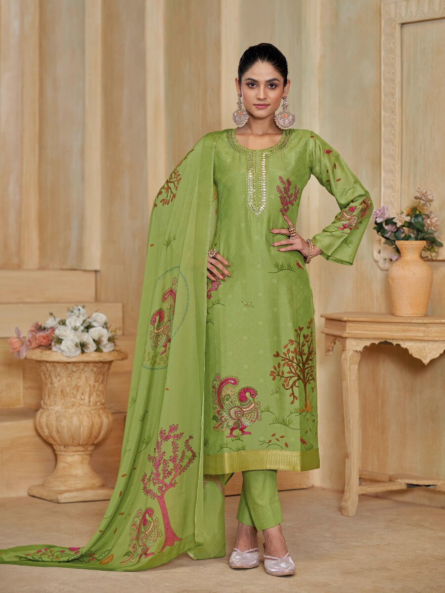 Green Silk Embroidery Digital Printed Wedding Party Festival Casual Pant Salwar Kameez