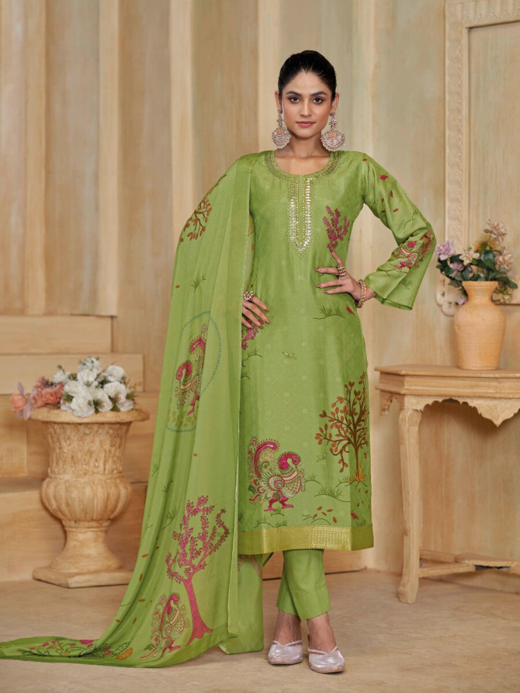 Image of Green Silk Embroidery Digital Printed Wedding Party Festival Casual Pant Salwar Kameez
