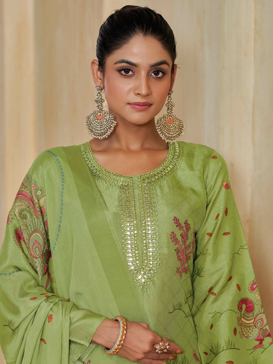 Green Silk Embroidery Digital Printed Wedding Party Festival Casual Pant Salwar Kameez