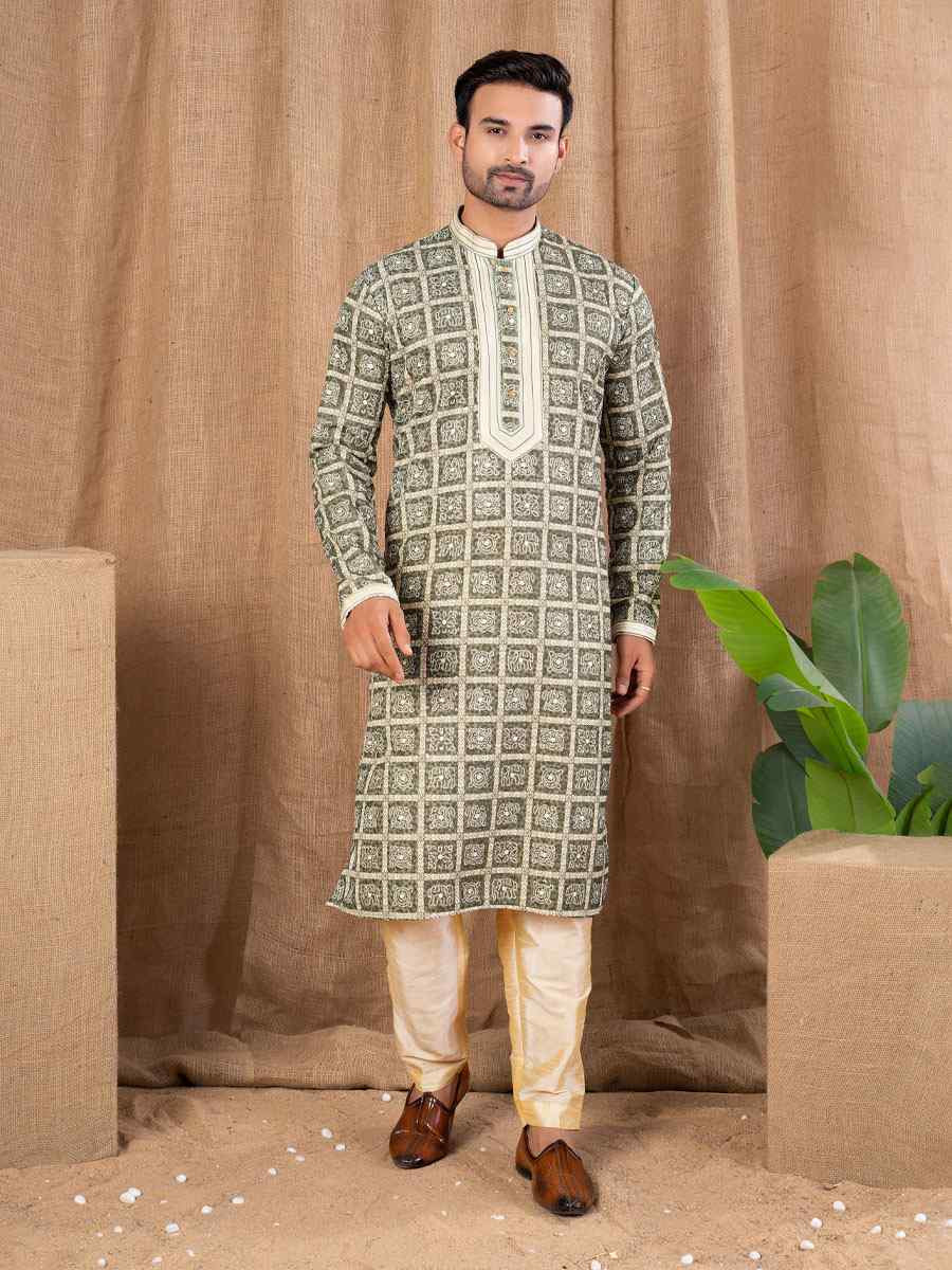 Green Silk Embroidery Festival Wedding Party Mens Kurta