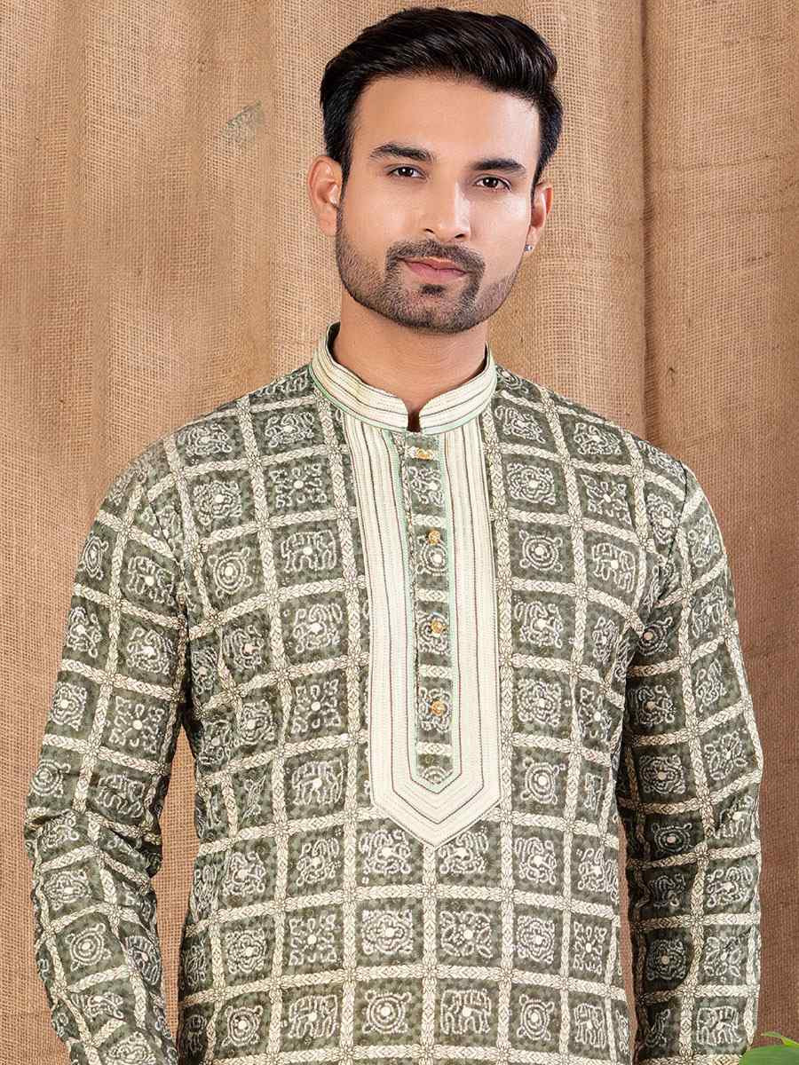 Green Silk Embroidery Festival Wedding Party Mens Kurta