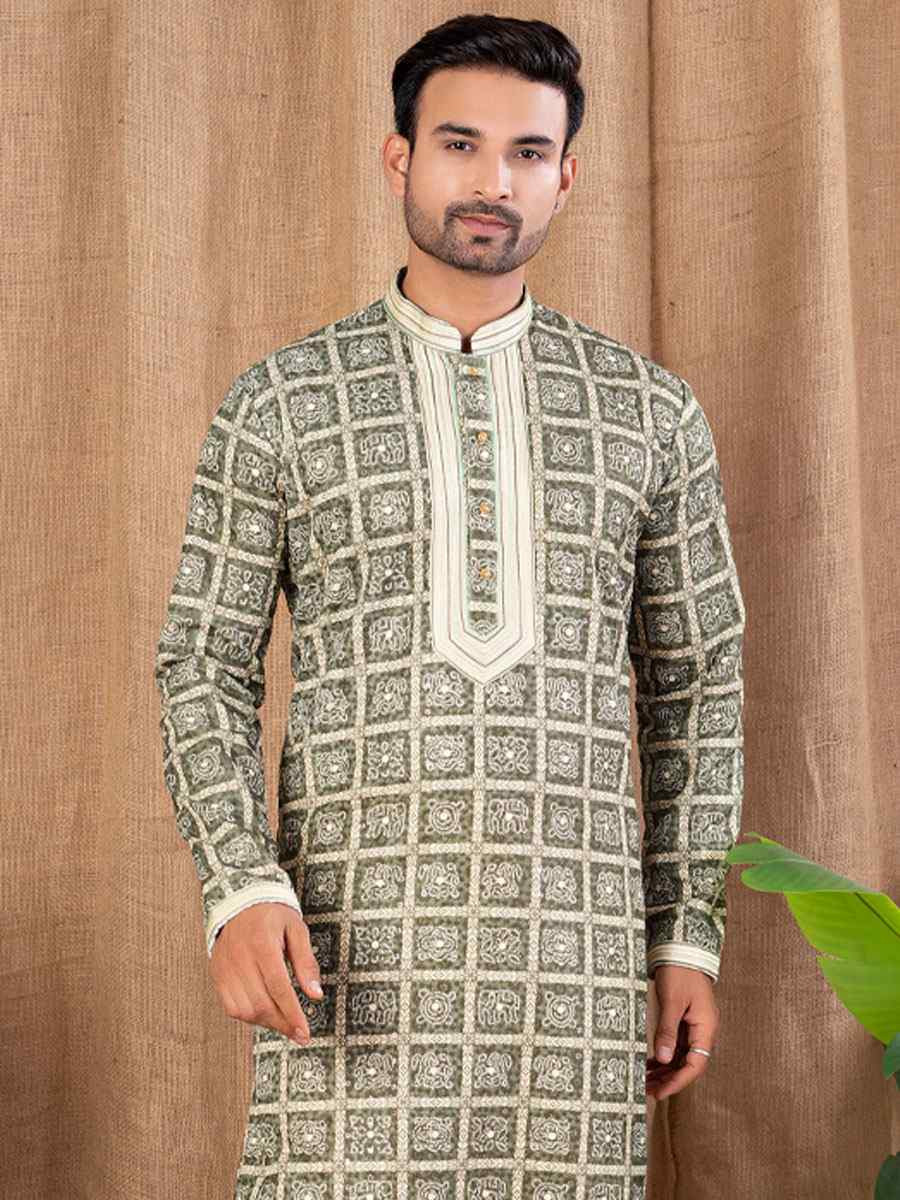 Green Silk Embroidery Festival Wedding Party Mens Kurta