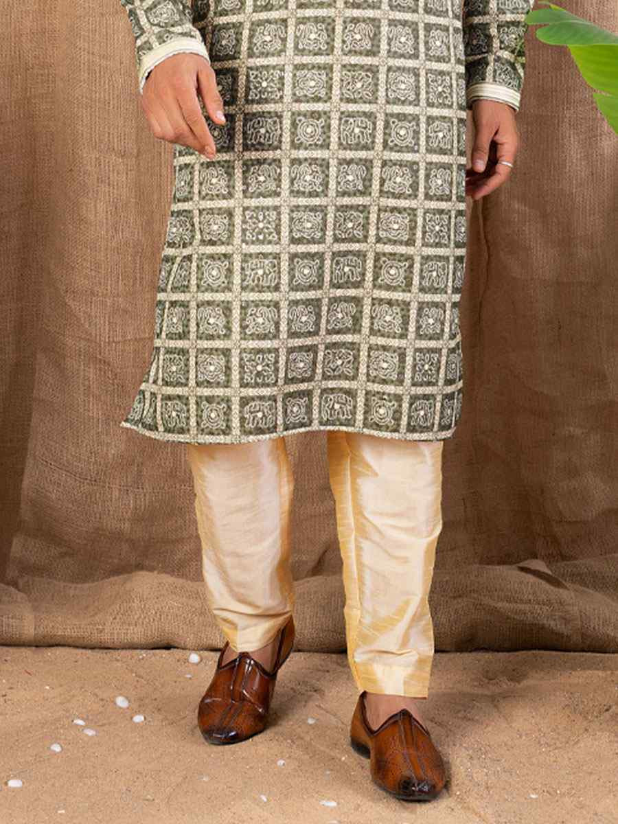 Green Silk Embroidery Festival Wedding Party Mens Kurta