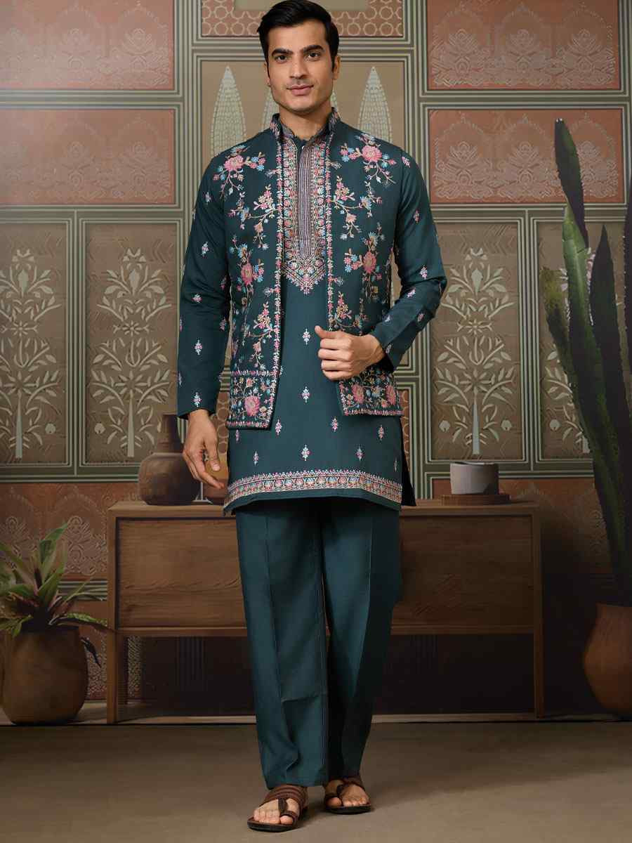 Green Silk Embroidery Festival Wedding Party Mens Kurta with Jacket