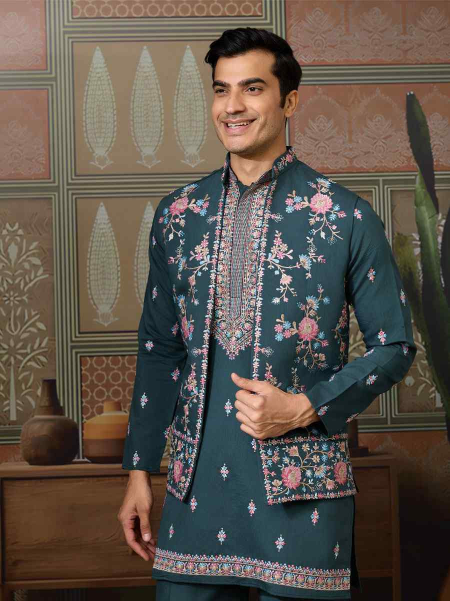 Green Silk Embroidery Festival Wedding Party Mens Kurta with Jacket