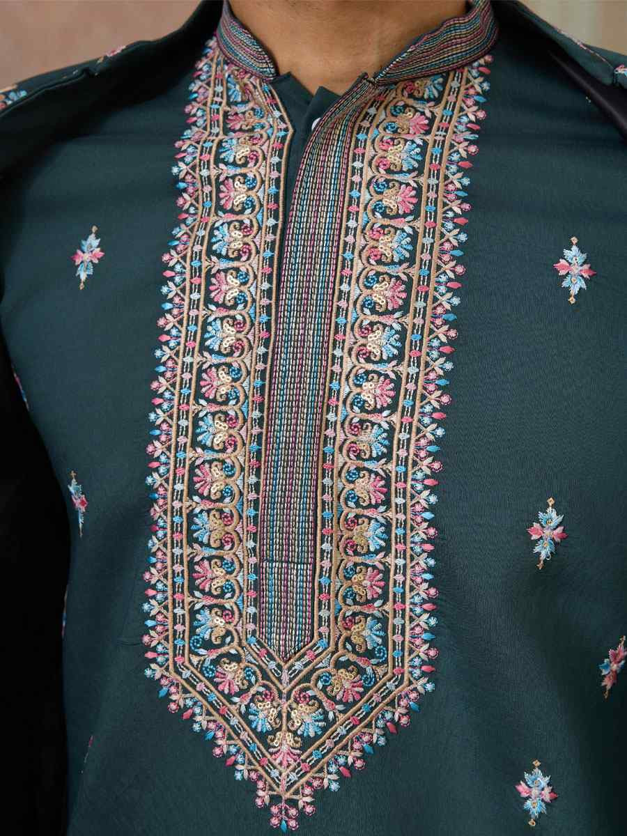 Green Silk Embroidery Festival Wedding Party Mens Kurta with Jacket