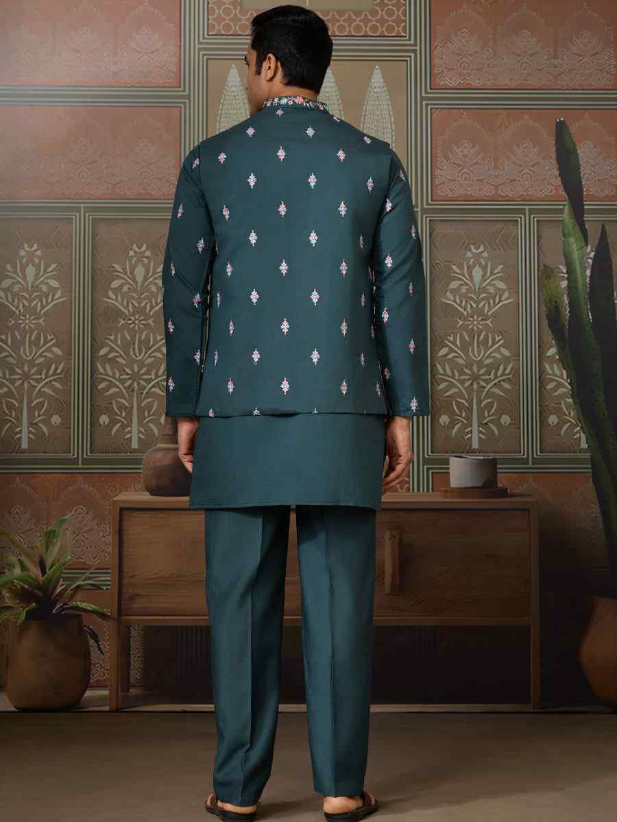 Green Silk Embroidery Festival Wedding Party Mens Kurta with Jacket