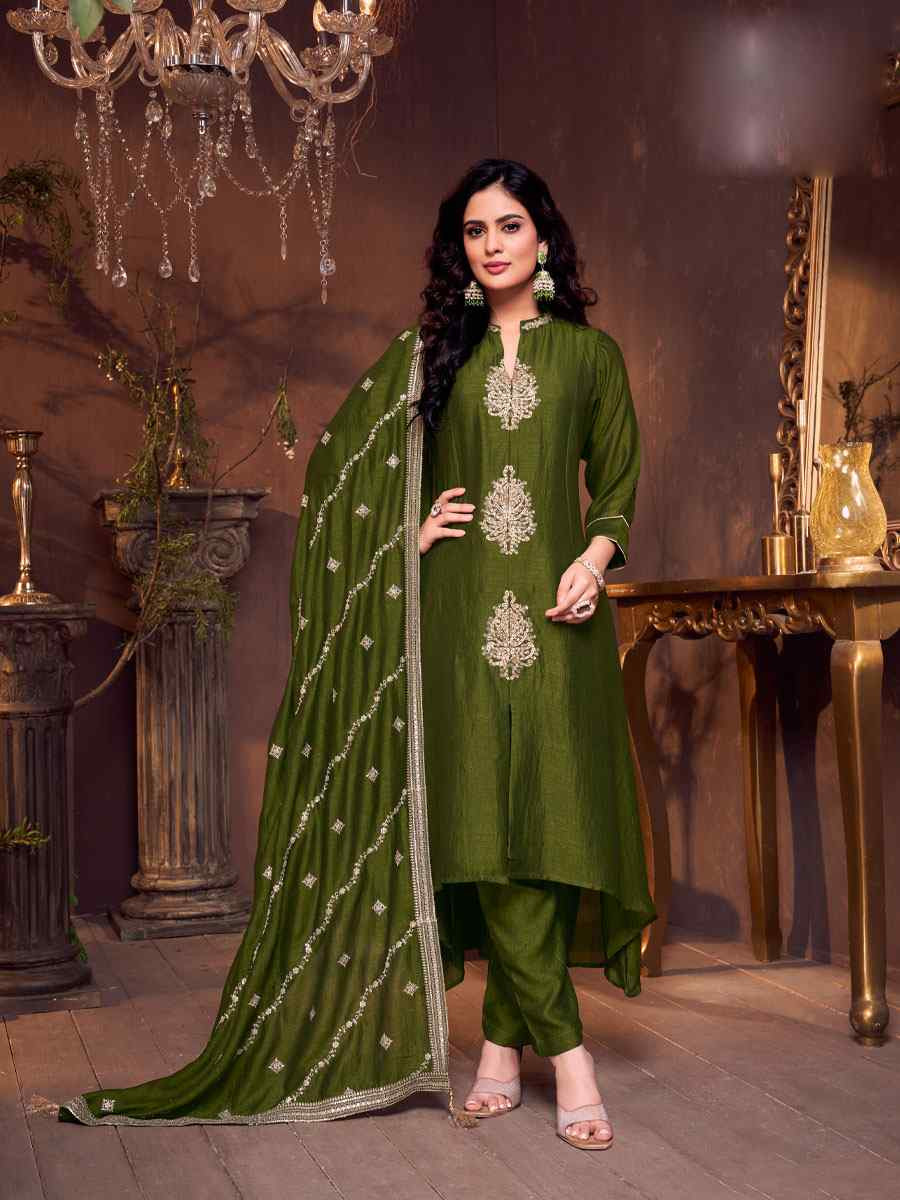 Green Silk Embroidery Party Wedding Festival Casual Ready Anarkali Salwar Kameez