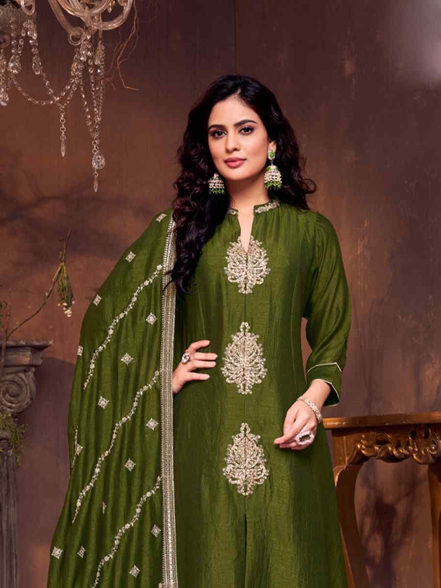 Green Silk Embroidery Party Wedding Festival Casual Ready Anarkali Salwar Kameez