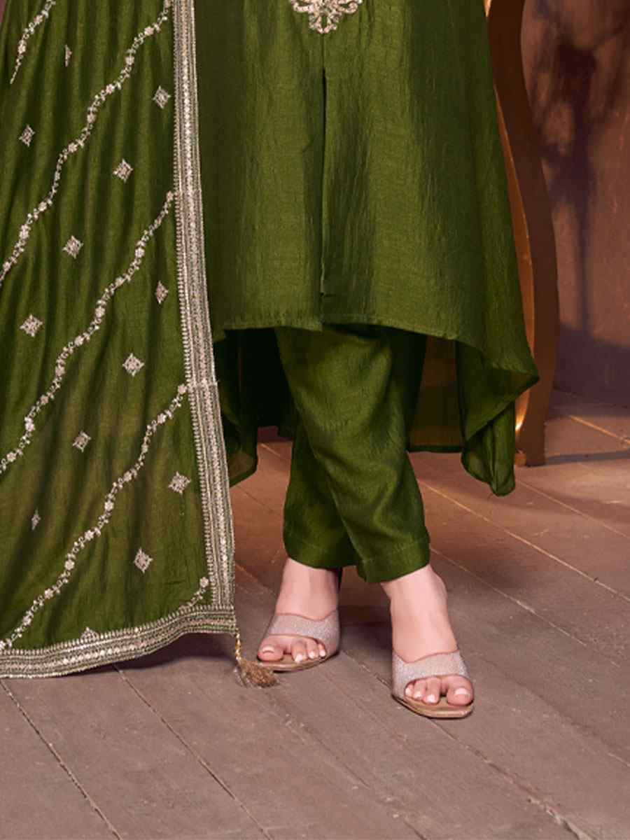 Green Silk Embroidery Party Wedding Festival Casual Ready Anarkali Salwar Kameez