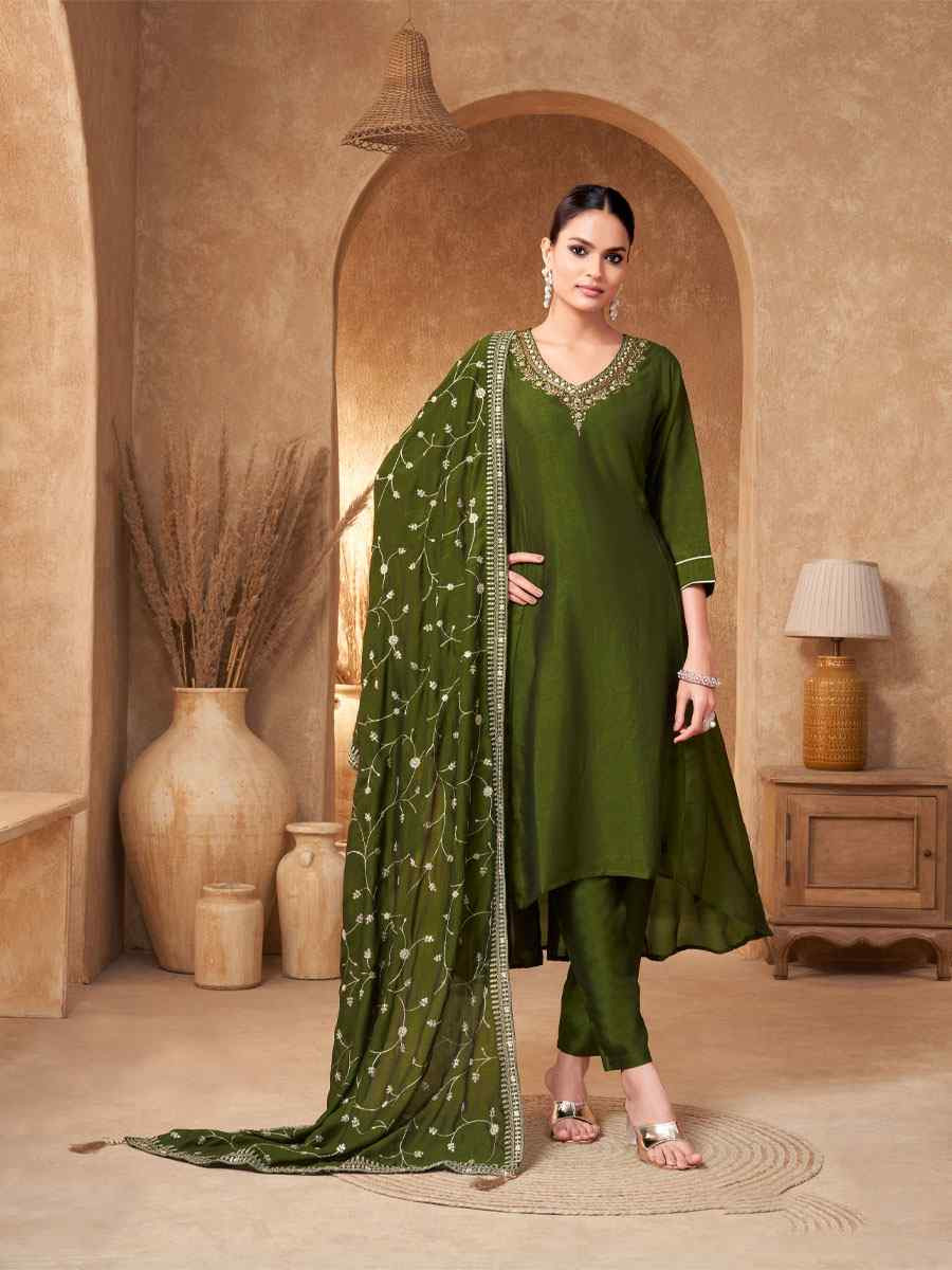 Green Silk Embroidery Party Wedding Festival Casual Ready Anarkali Salwar Kameez