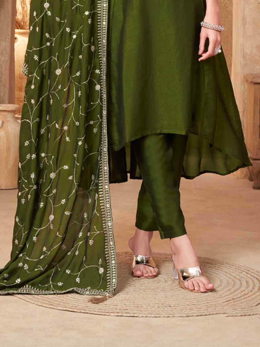 Green Silk Embroidery Party Wedding Festival Casual Ready Anarkali Salwar Kameez