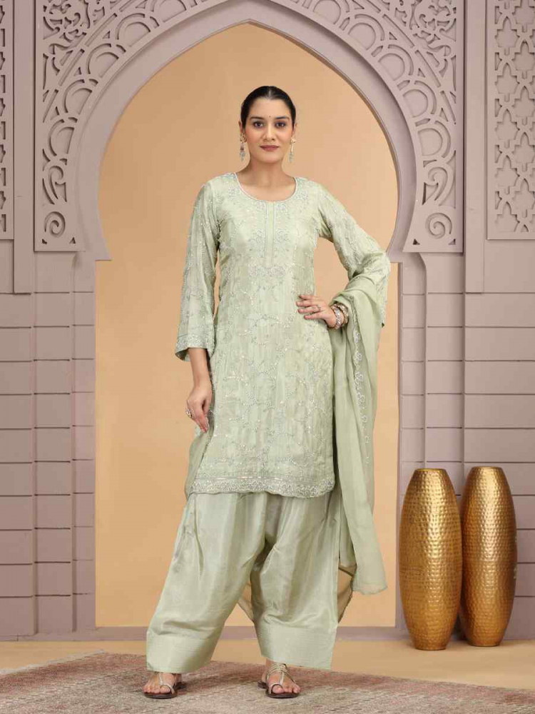Image of Green Silk Embroidery Party Wedding Festival Casual Ready Farsi Pant Salwar Kameez