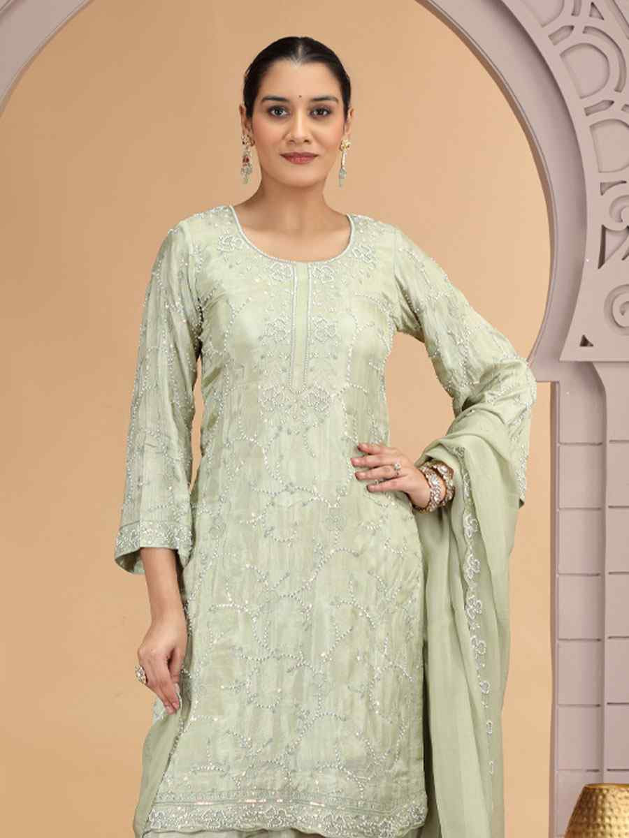 Green Silk Embroidery Party Wedding Festival Casual Ready Farsi Pant Salwar Kameez