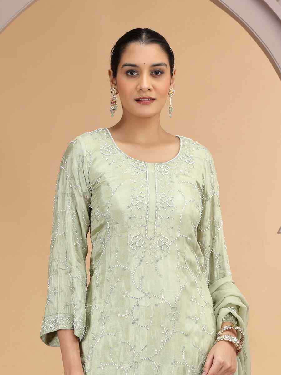 Green Silk Embroidery Party Wedding Festival Casual Ready Farsi Pant Salwar Kameez