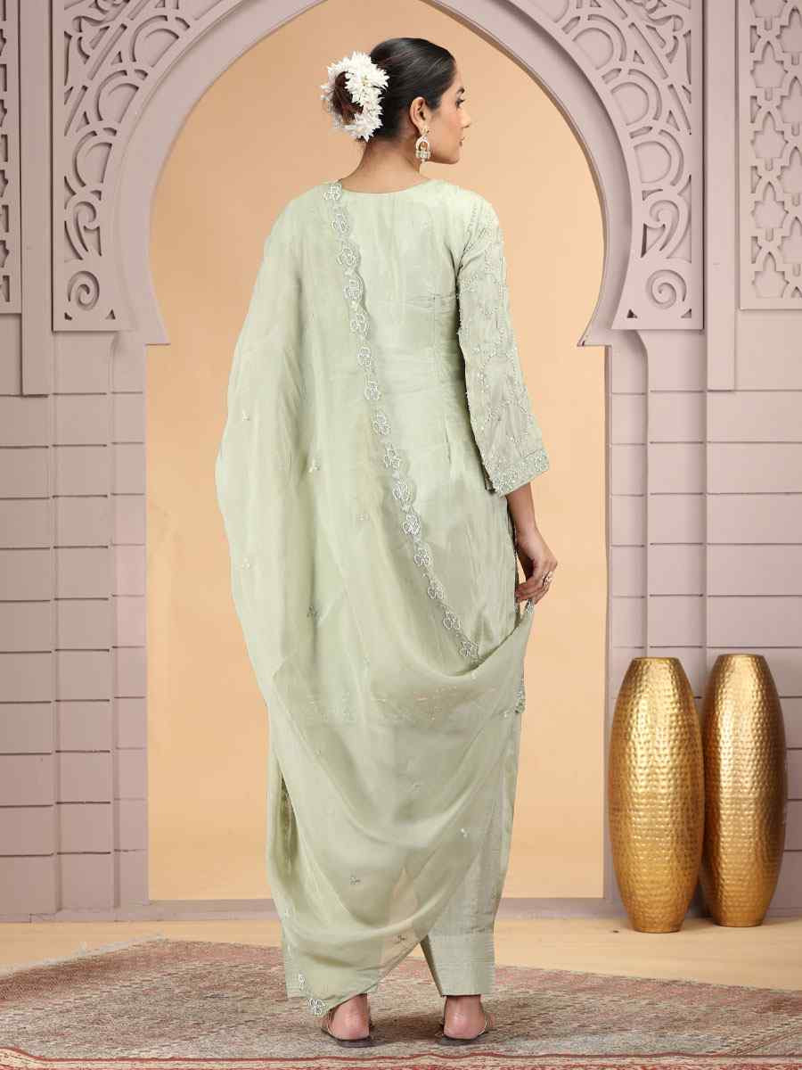 Green Silk Embroidery Party Wedding Festival Casual Ready Farsi Pant Salwar Kameez