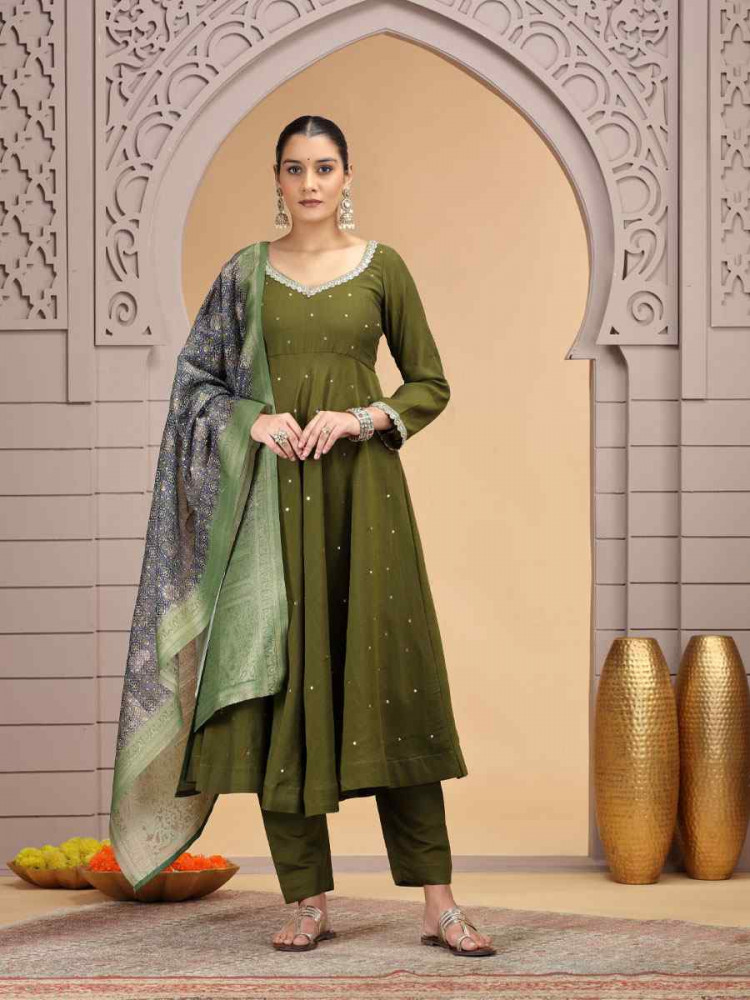 Image of Green Silk Embroidery Party Wedding Festival Casual Ready Pant Salwar Kameez