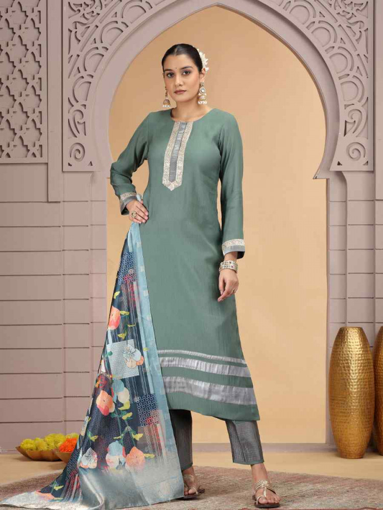 Image of Green Silk Embroidery Party Wedding Festival Casual Ready Pant Salwar Kameez