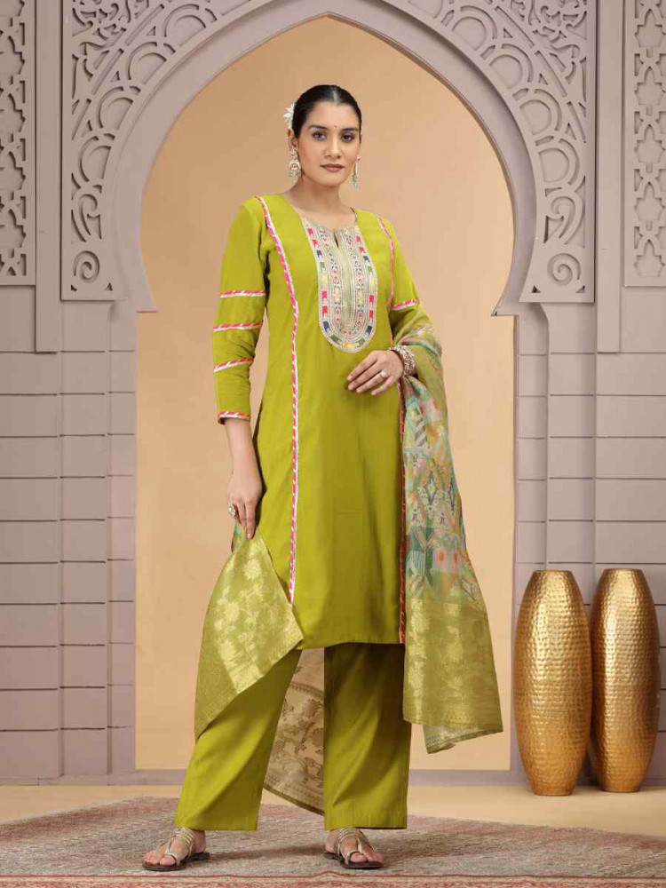 Image of Green Silk Embroidery Party Wedding Festival Casual Ready Pant Salwar Kameez