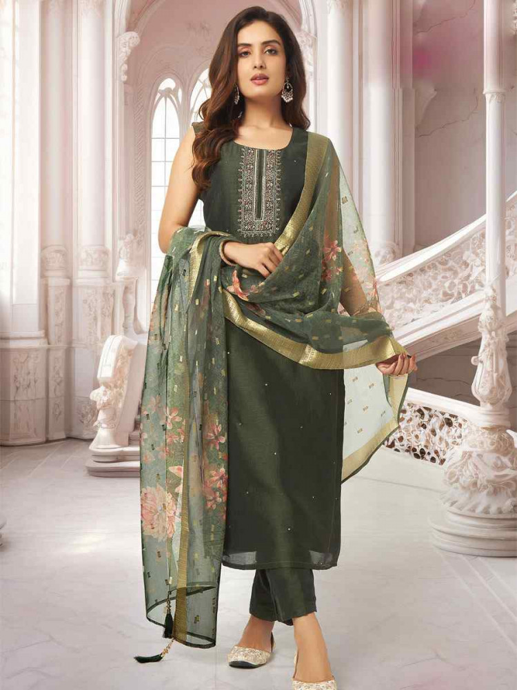 Image of Green Silk Embroidery Party Wedding Festival Casual Ready Pant Salwar Kameez