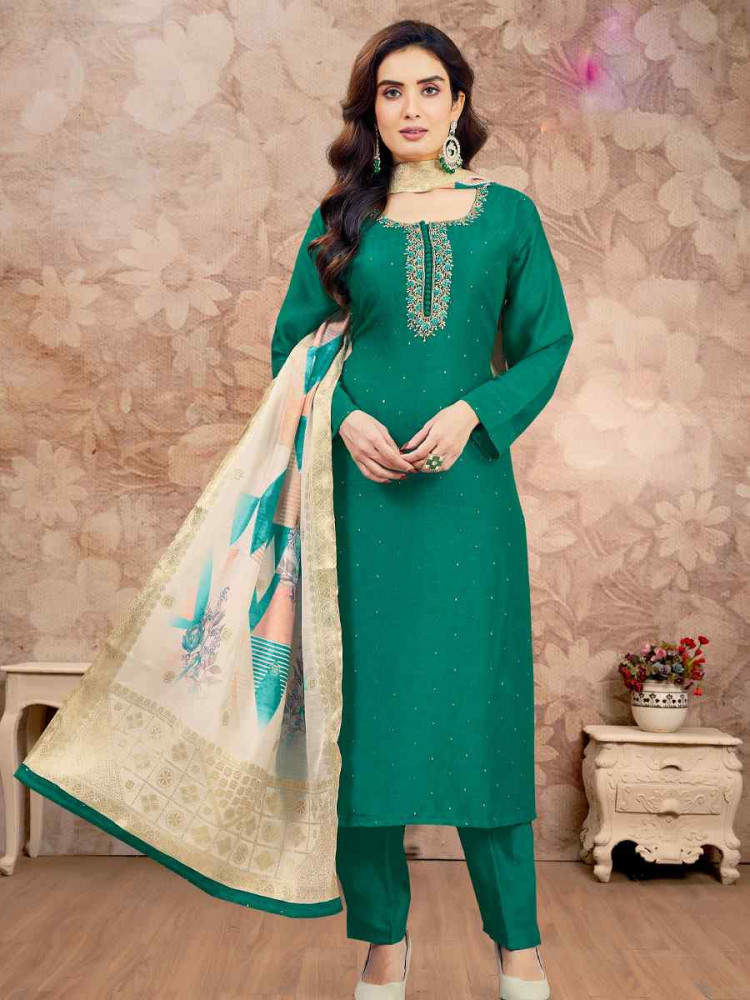 Image of Green Silk Embroidery Party Wedding Festival Casual Ready Pant Salwar Kameez