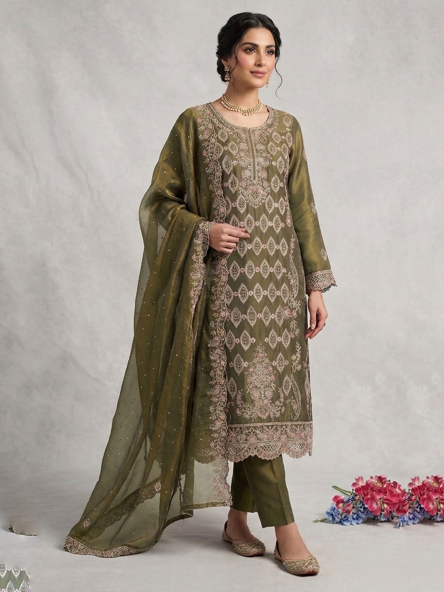 Green Silk Embroidery Sequins Diamond Wedding Party Festival Casual Pant Salwar Kameez